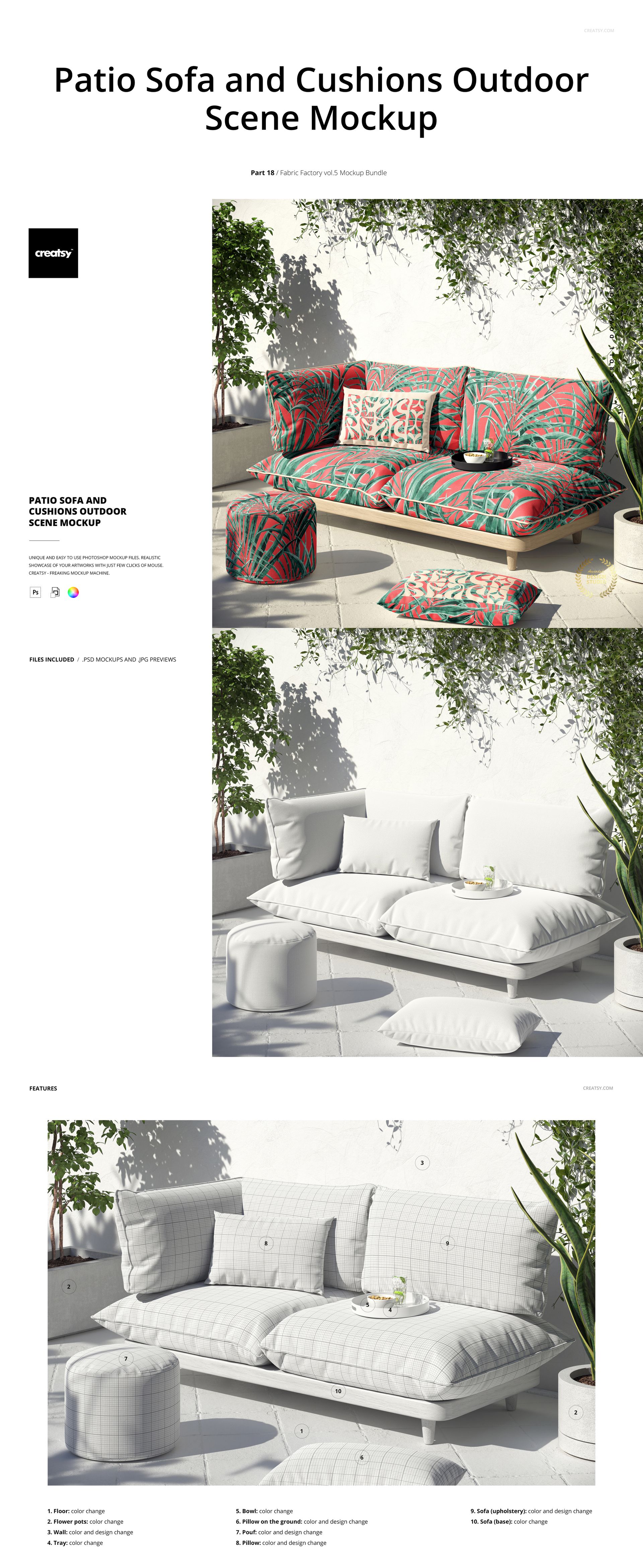 Outdoor patio sofa and cushions mockup featuring multiple fabric patterns, surrounded by green plants in sunlight.