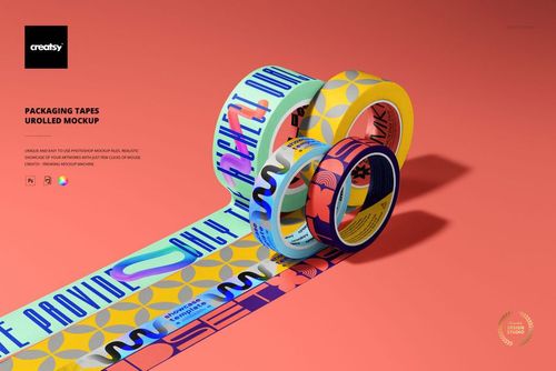 Four colorful packaging tapes unrolled on a flat surface, showing geometric and text patterns in a front view mockup.
