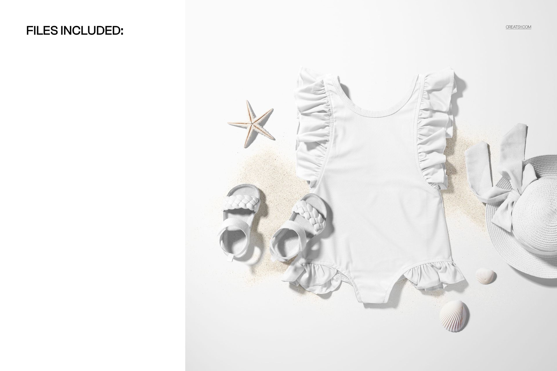 Baby ruffle swimsuit PSD mockup featuring a matching hat, sandals, and beach-themed props on a clean background.