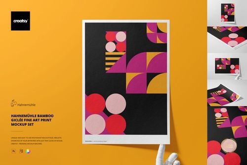 A3 fine art print mockup featuring abstract geometric shapes in pink, yellow, and beige on a black background, front view.