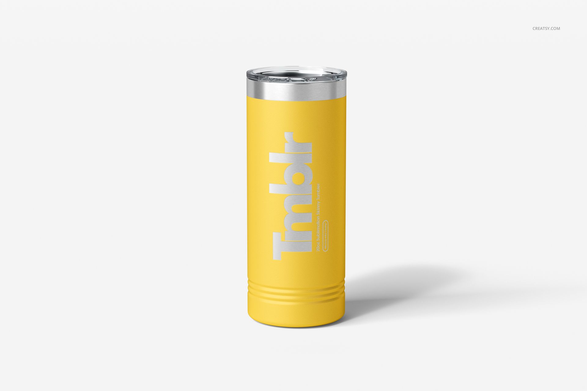 Front-facing 22oz skinny tumbler mockup in yellow with metallic lid and engraved text, isolated on white.