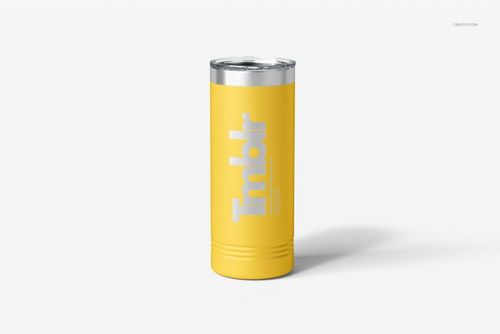 Front-facing 22oz skinny tumbler mockup in yellow with metallic lid and engraved text, isolated on white.