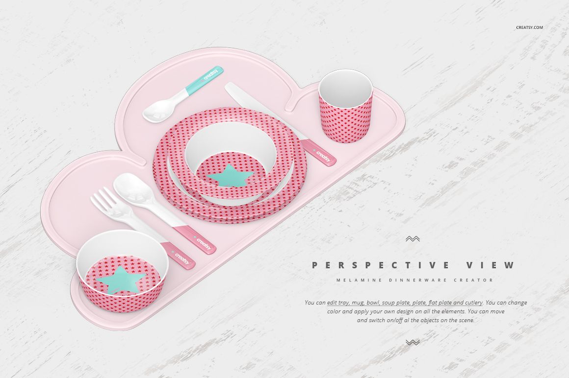 Kids melamine dinnerware set mockup with bowl, plate, cup, and utensils in pink and white with blue star accents.