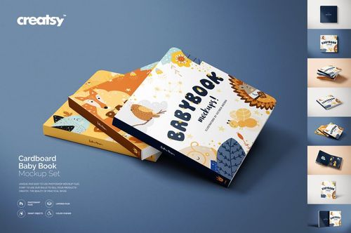 Mockup of two cardboard baby books with colorful animal designs, displayed in a layered stack on a blue background.