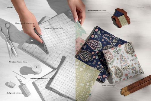 Stack of jersey fabric pieces with various patterns and colors displayed on a worktable, seen from above.