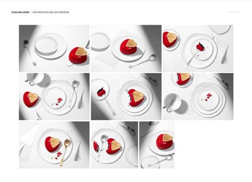Valentine-themed cake plate mockup set showing white plates with heart-shaped cake and scattered crumbs on a white surface.