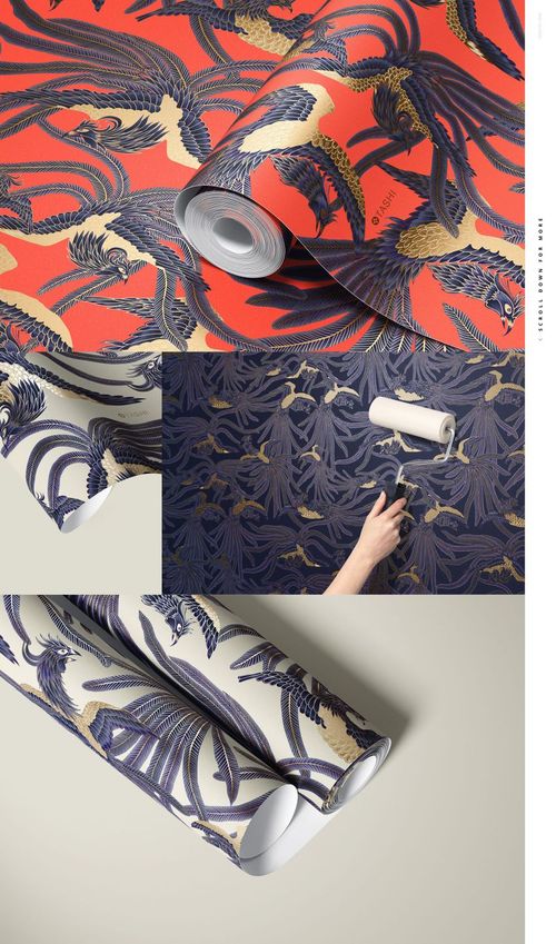 Paper wallpaper mockup featuring detailed bird and leaf designs, displayed rolled and applied to a wall with a roller.