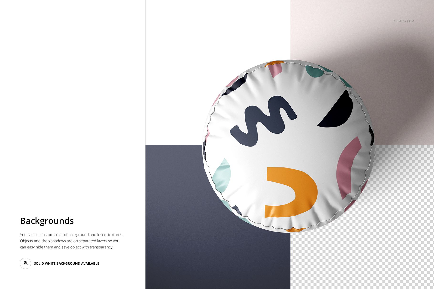 PSD mockup showing a round pouf with colorful abstract design, set against a divided light and dark background.