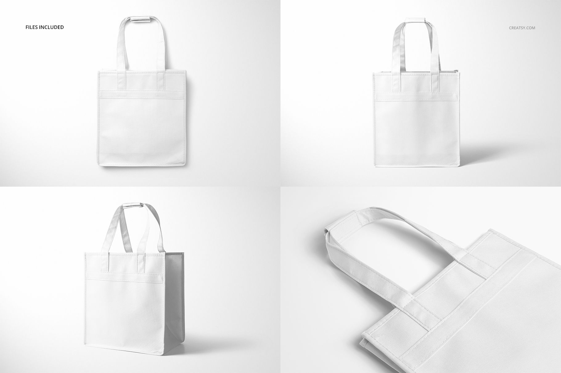 Six-bottle non-woven tote wine bag mockup shown in four views, featuring white fabric and sturdy handles.