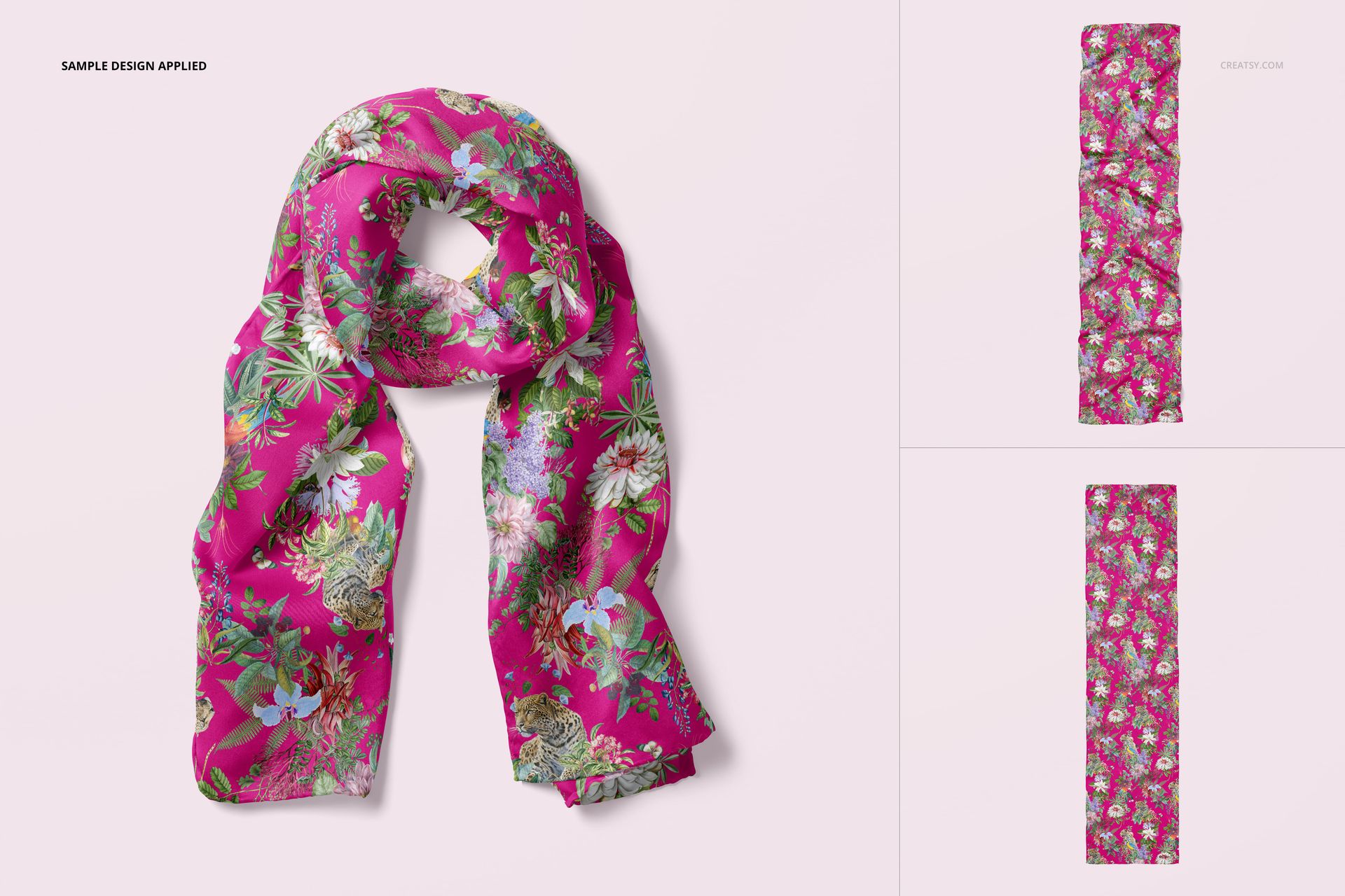 Silk scarf mockup featuring a vibrant floral pattern on a pink background, shown in a front view and flat layout.