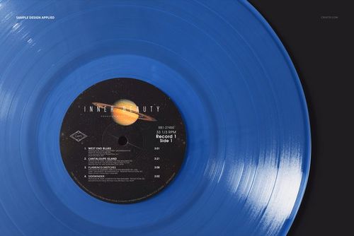 Top view of a translucent blue vinyl record mockup featuring a detailed label and subtle reflections on the surface.