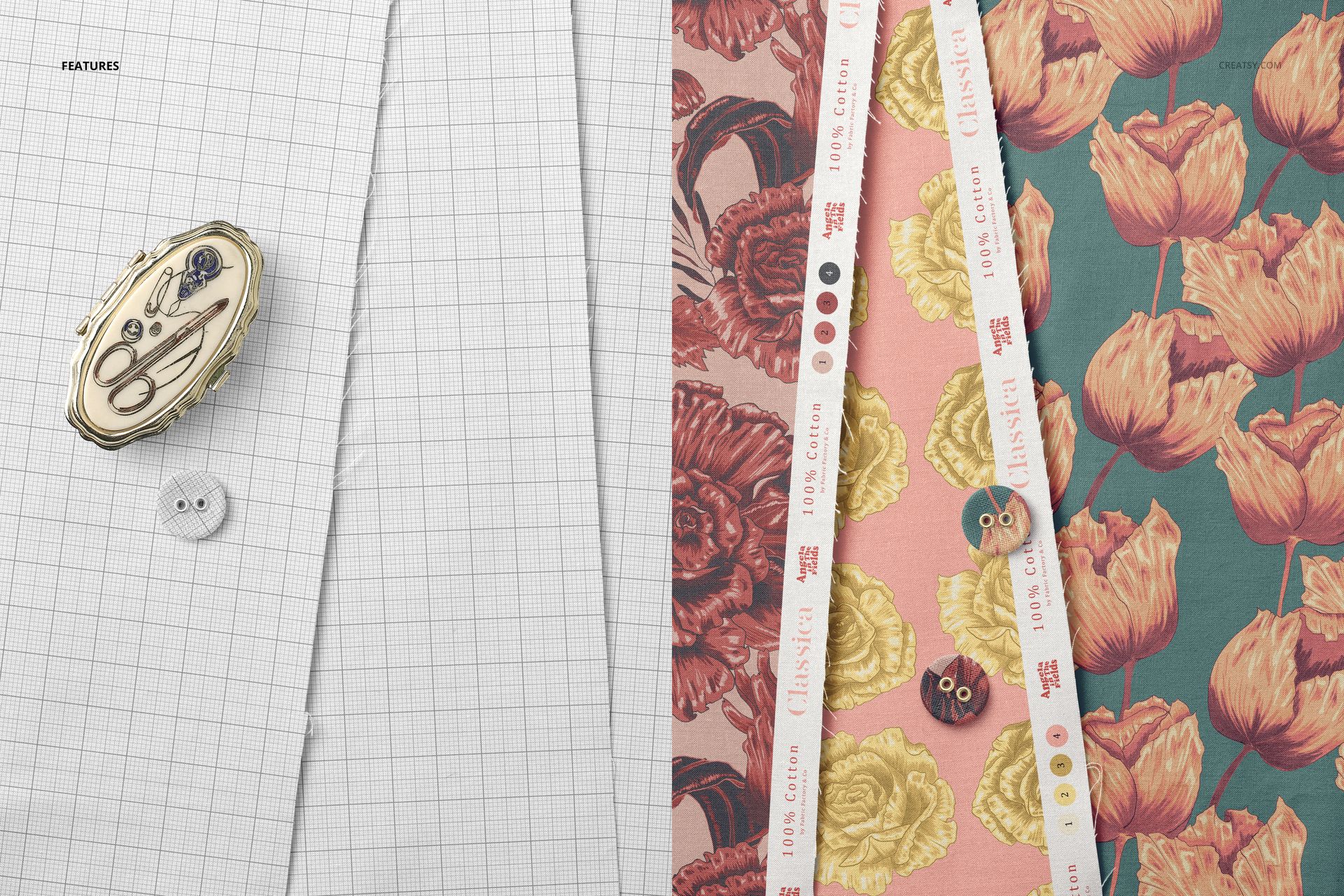 Cotton fabric sample mockup showing multiple patterned swatches, buttons, and a sewing kit from a top view.