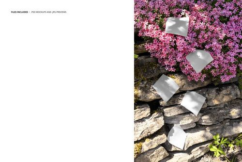 PSD mockup featuring fabric swatches placed on a sunlit stone wall with vibrant pink flowers in the background.