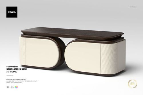 Modern upholstered desk with dark wood top and rounded cream side panels, shown on a plain white background, front view.