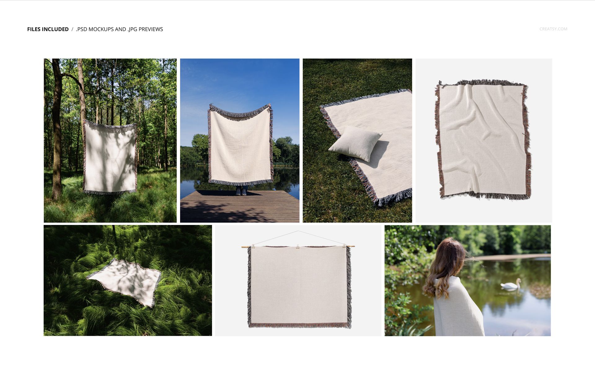 Mockup set featuring a fringed woven throw blanket in forest, lakeside, and studio settings with natural lighting.