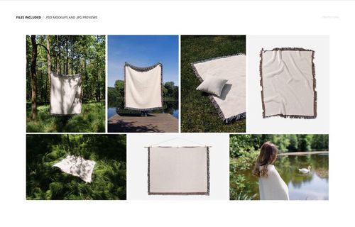 Mockup set featuring a fringed woven throw blanket in forest, lakeside, and studio settings with natural lighting.