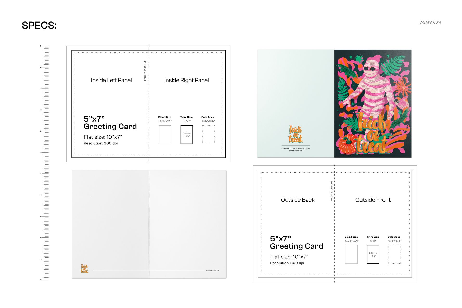 Front and inside views of a 5x7 greeting card mockup with a striped mummy Halloween design and orange foliage.