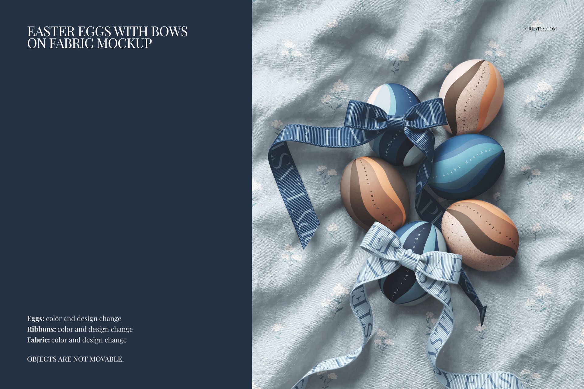 Easter eggs in blue and brown tones with printed ribbons displayed on a textured fabric in a PSD mockup scene.