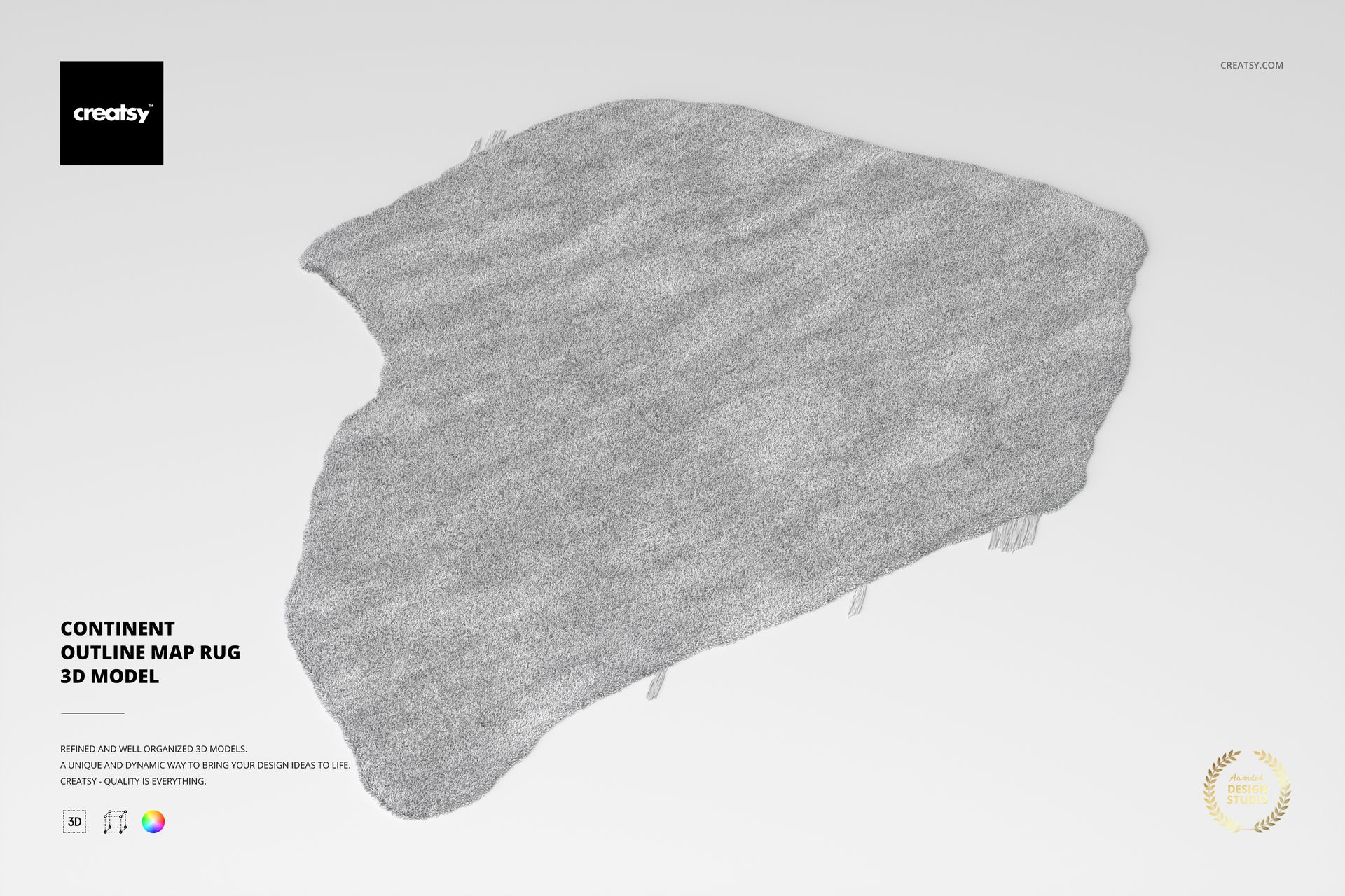 Top view of a gray rug shaped like a continent outline, displayed on a plain white background with soft shadows.