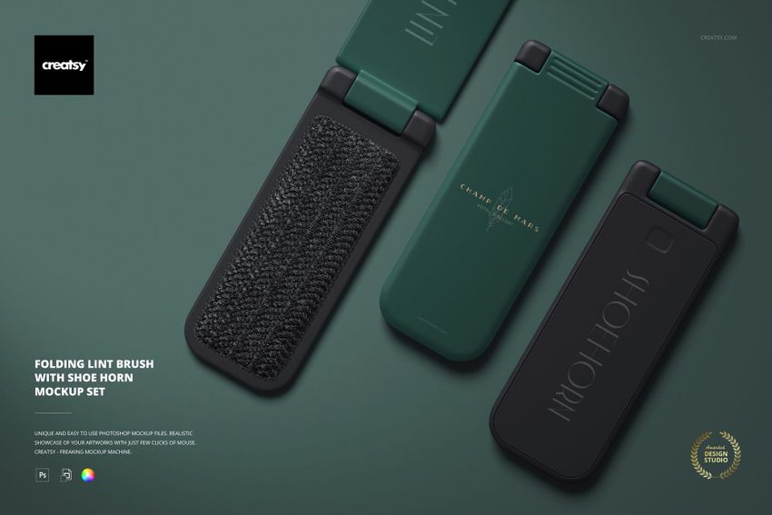 Folding lint brush and shoe horn mockup set shown in green and black, viewed from above with detailed texture.