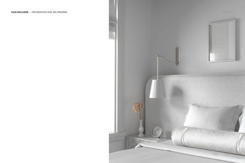 Front view of a bedroom mockup with a bed featuring a patterned headboard, white bedding, and decorative pillows.