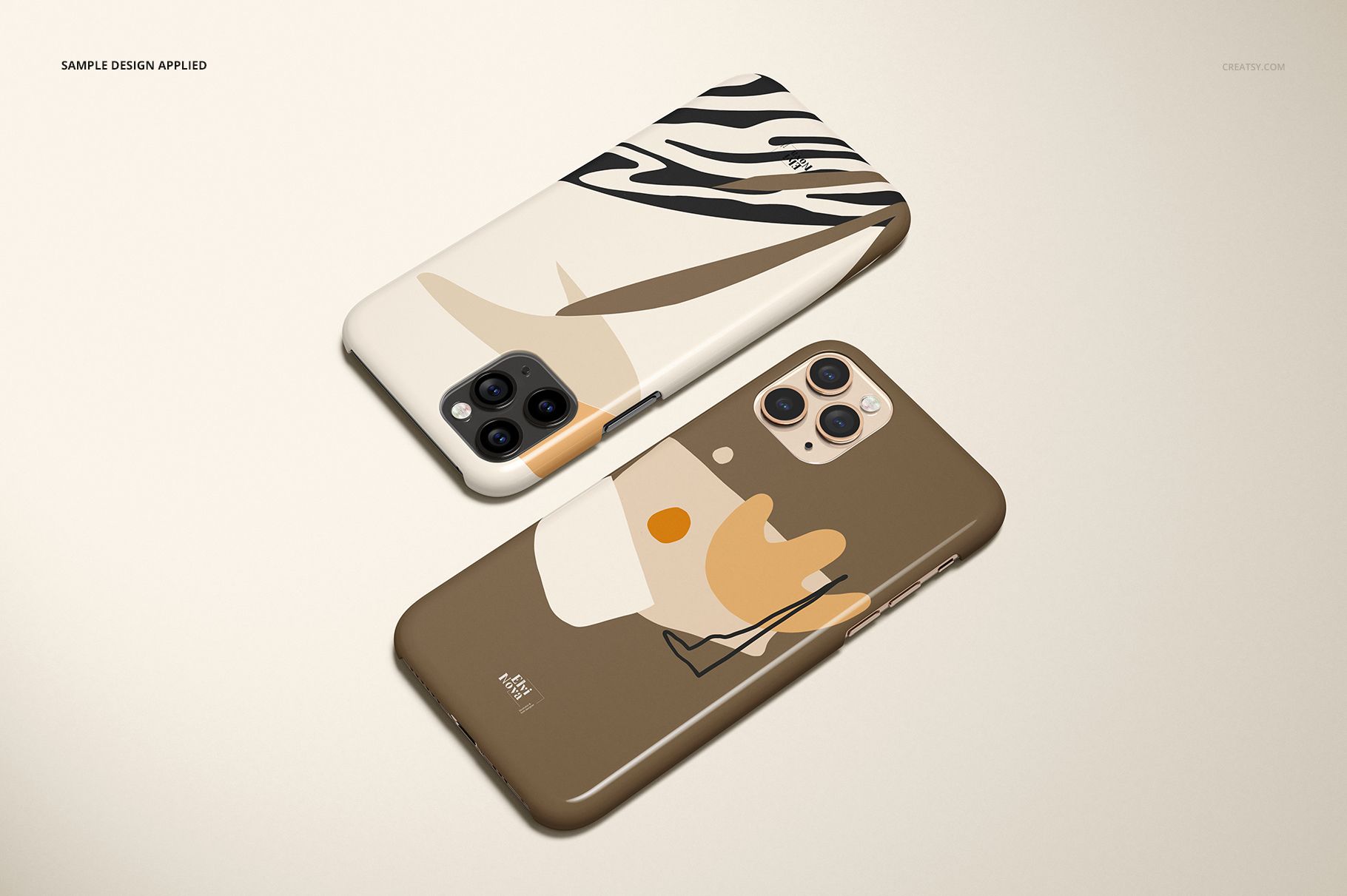 PSD mockup of iPhone 11 Pro glossy snap cases with geometric and animal print designs, arranged side by side.