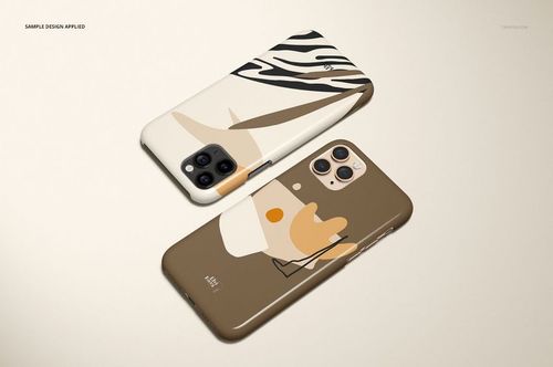 PSD mockup of iPhone 11 Pro glossy snap cases with geometric and animal print designs, arranged side by side.