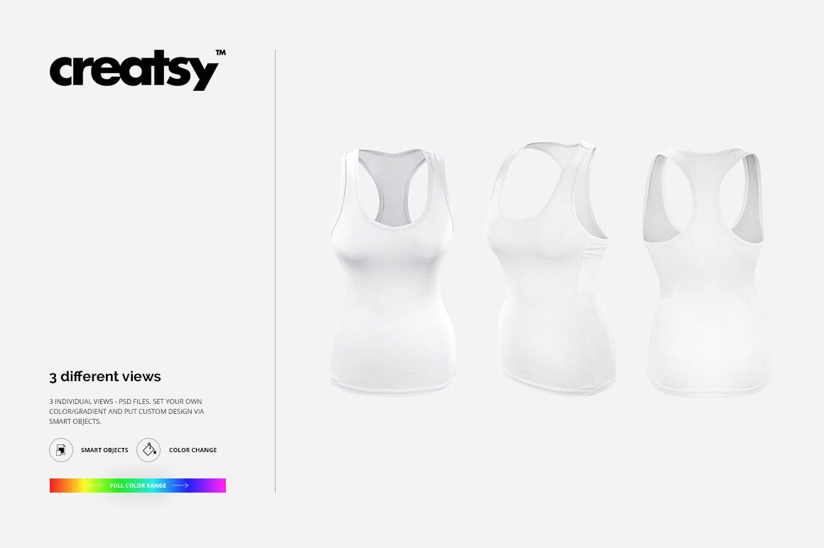 Women's tank top PSD mockup set showing front, side, and back perspectives against a neutral backdrop.