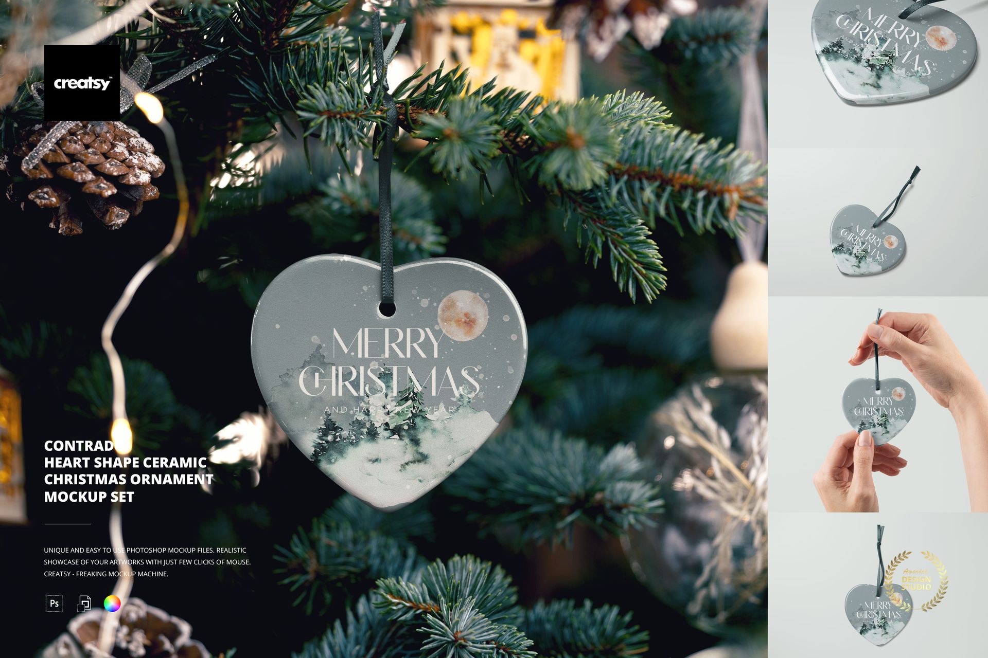 Heart shape ceramic ornament mockup featuring a snowy forest scene and festive lettering, displayed on a pine branch.