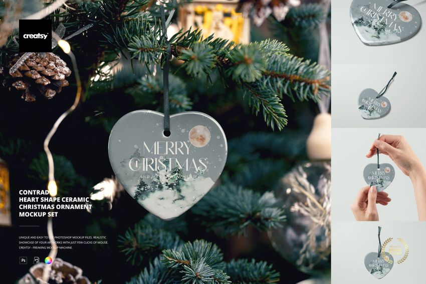 Contrado Heart Shape Ceramic Christmas Ornament Mockup Set - mockup screenshot 1