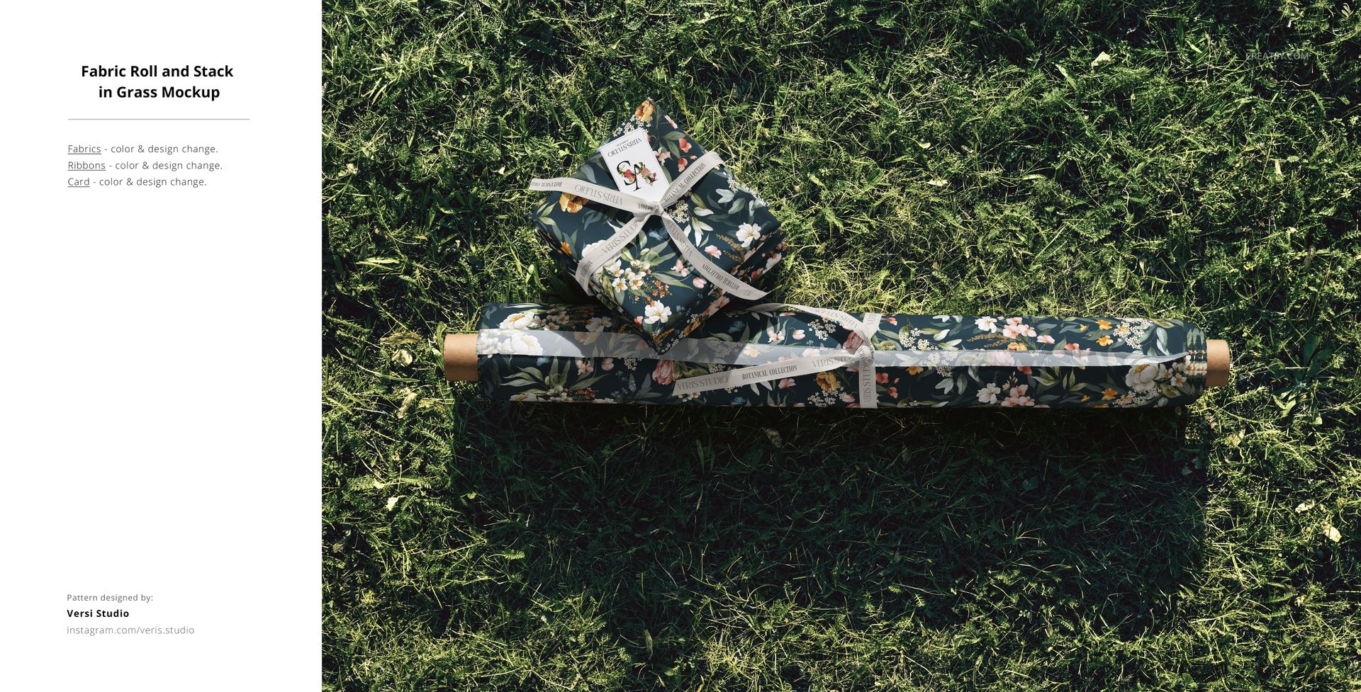 Outdoor PSD mockup showing a fabric roll and fabric stacks with botanical print placed on grassy ground.