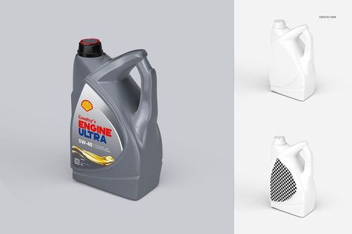 Motor oil bottle mockup set featuring a gray plastic container with a black cap, shown from a front angle on a light background.