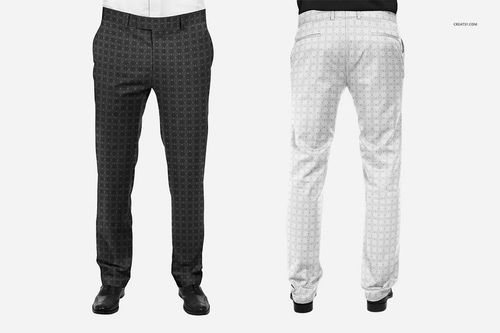 Front and back view of adult trousers with a geometric pattern, displayed on a white background in a mockup set.
