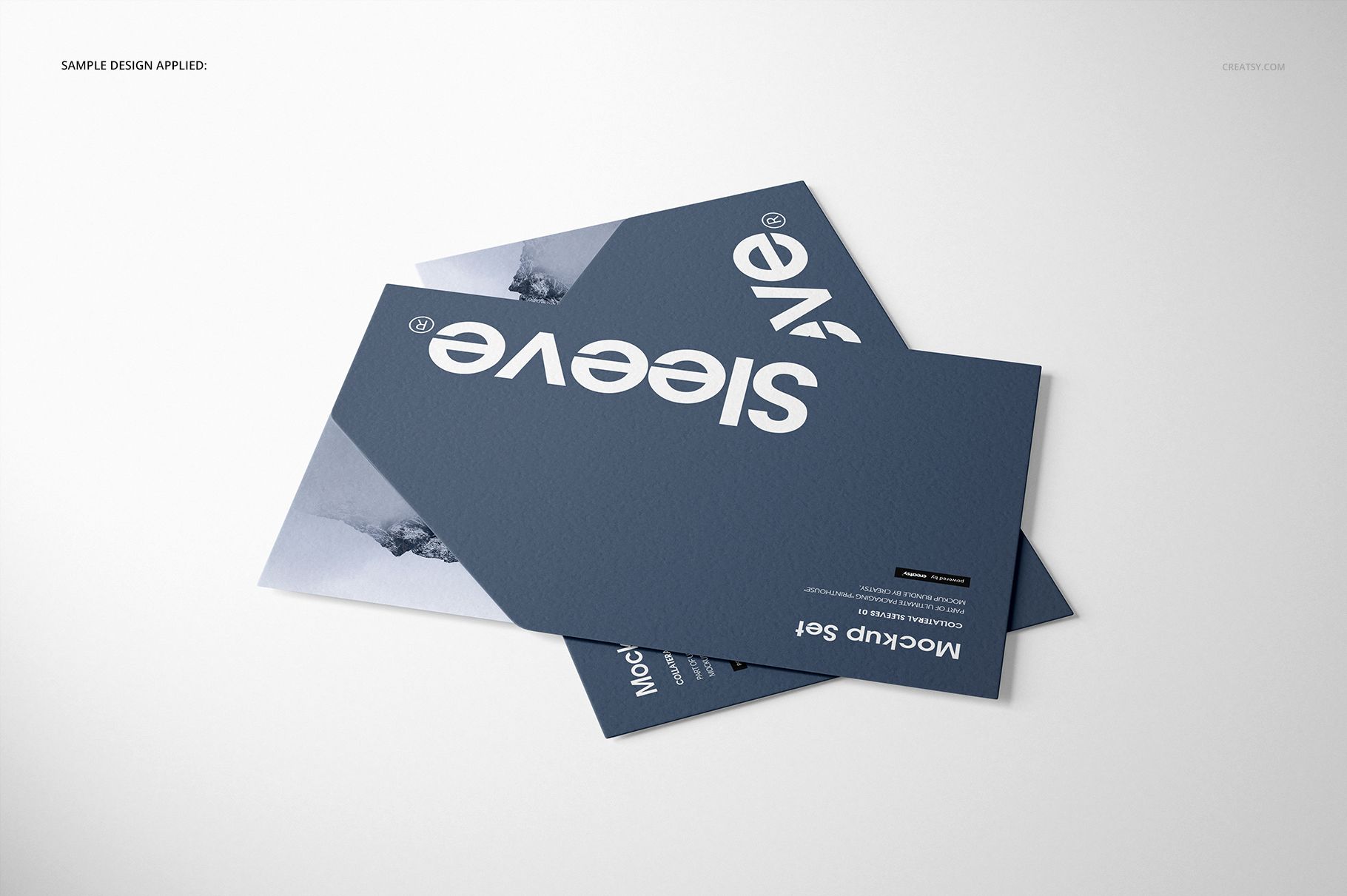 Collateral sleeves mockup set featuring two paper sleeves with blue covers and white text, shown in a top view.