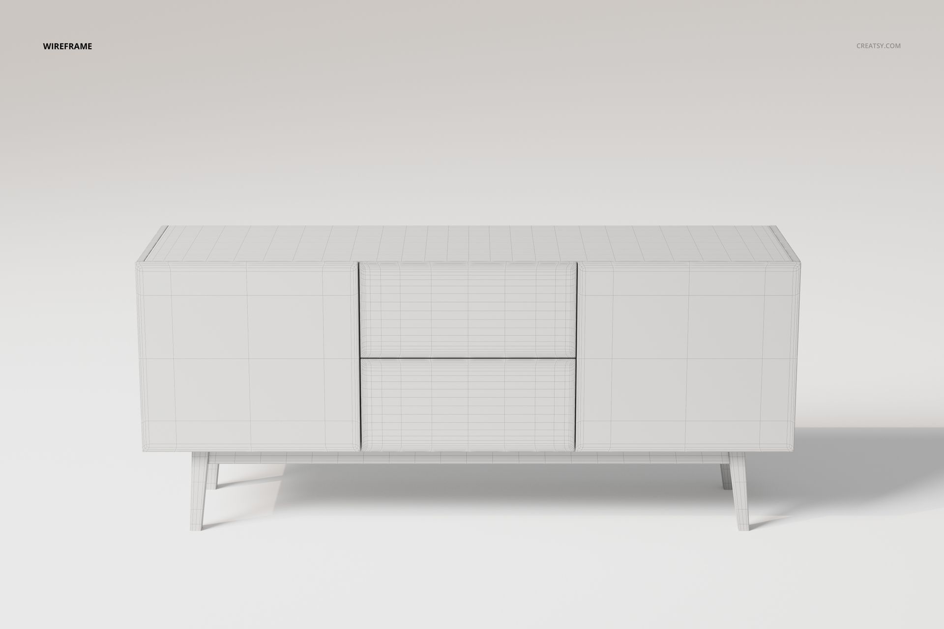 Front view of a small media console cabinet 3D model in wireframe style, shown against a plain light background.