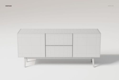 Front view of a small media console cabinet 3D model in wireframe style, shown against a plain light background.