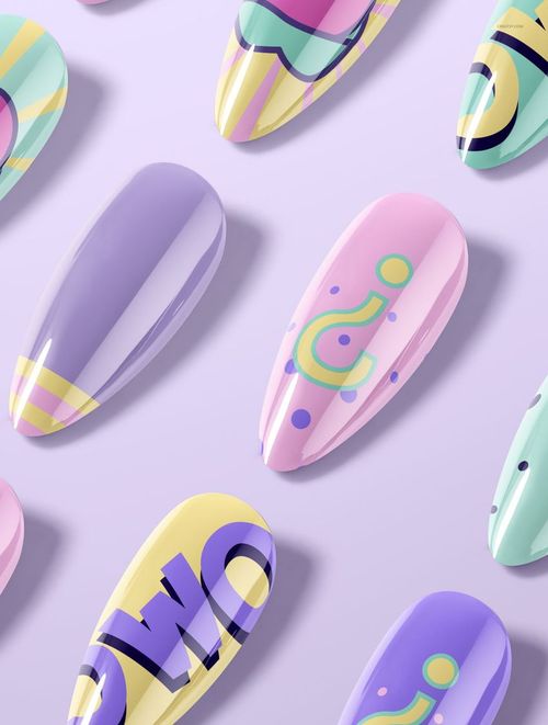 Glossy nail tips mockup arranged on a light purple background, featuring colorful and abstract designs.