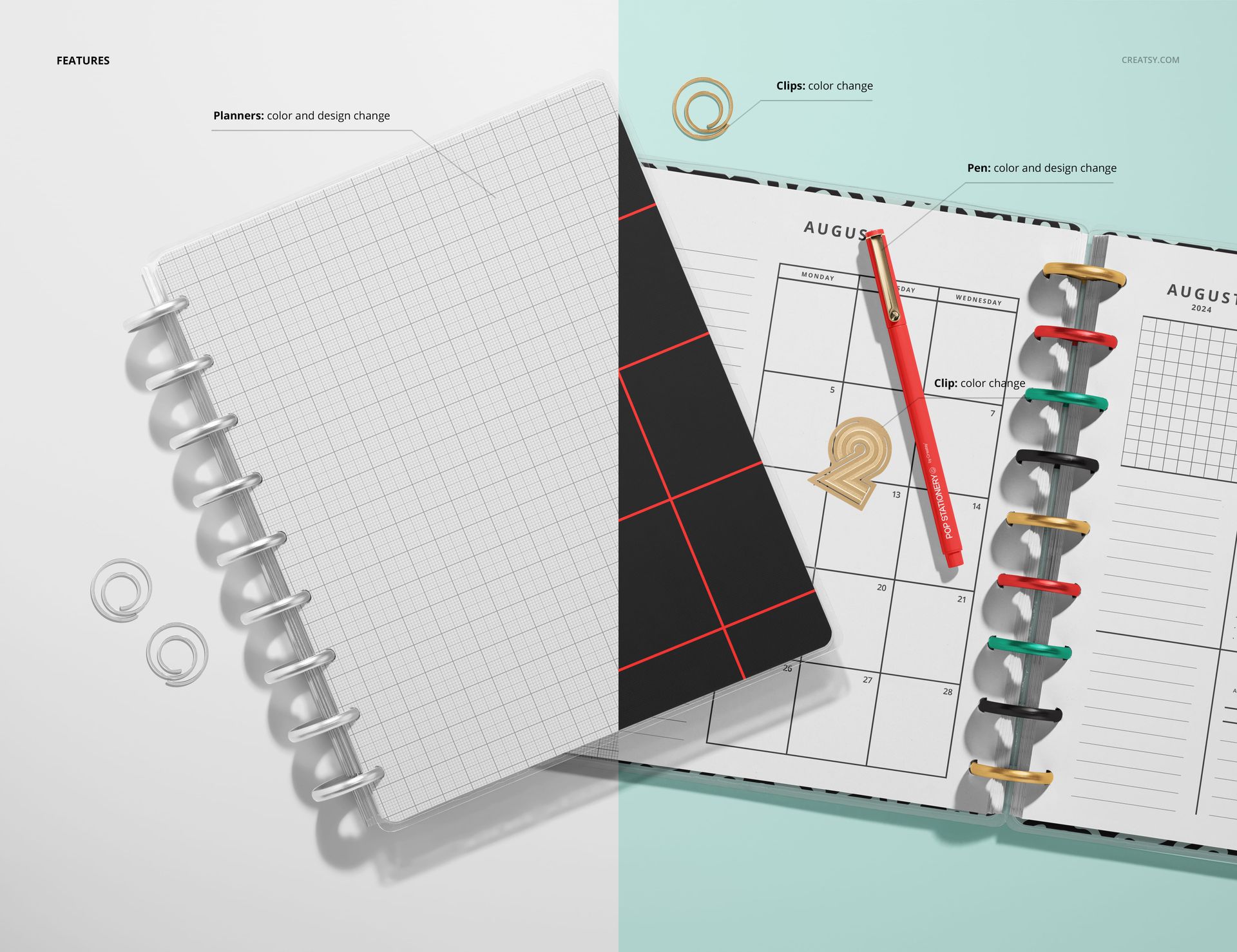 Stationery mockup featuring two spiral-bound planners from above, with pens and clips on a divided background.