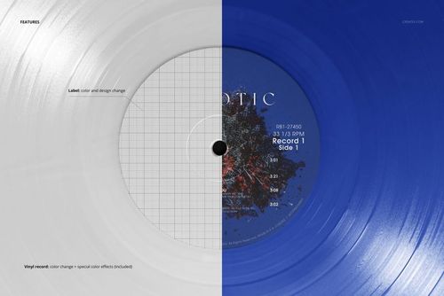 Top-down close-up of a colored vinyl record mockup, split between white and blue, with a visible central label.