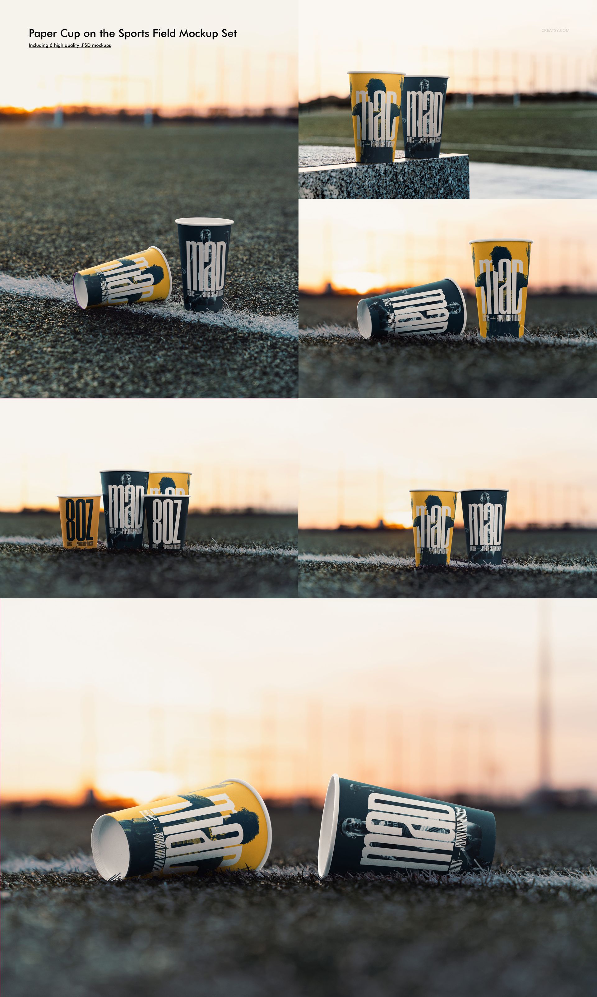 Paper cup mockup featuring two cups with modern patterns on textured ground, photographed in warm evening light.
