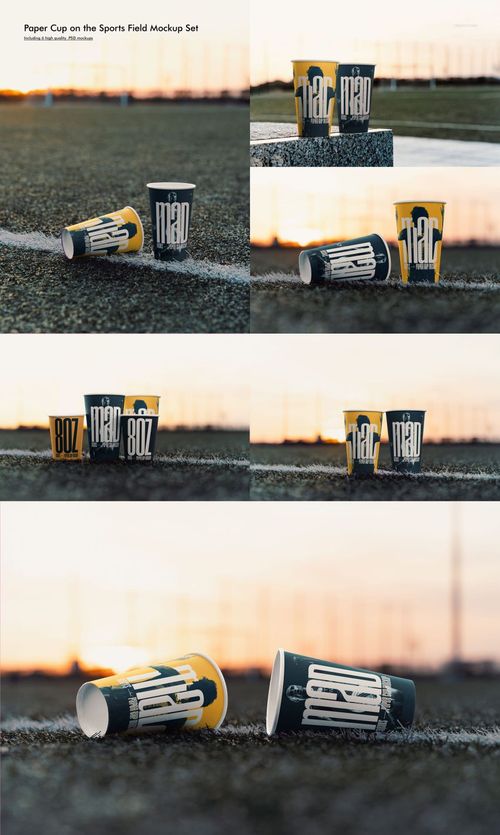 Paper cup mockup featuring two cups with modern patterns on textured ground, photographed in warm evening light.