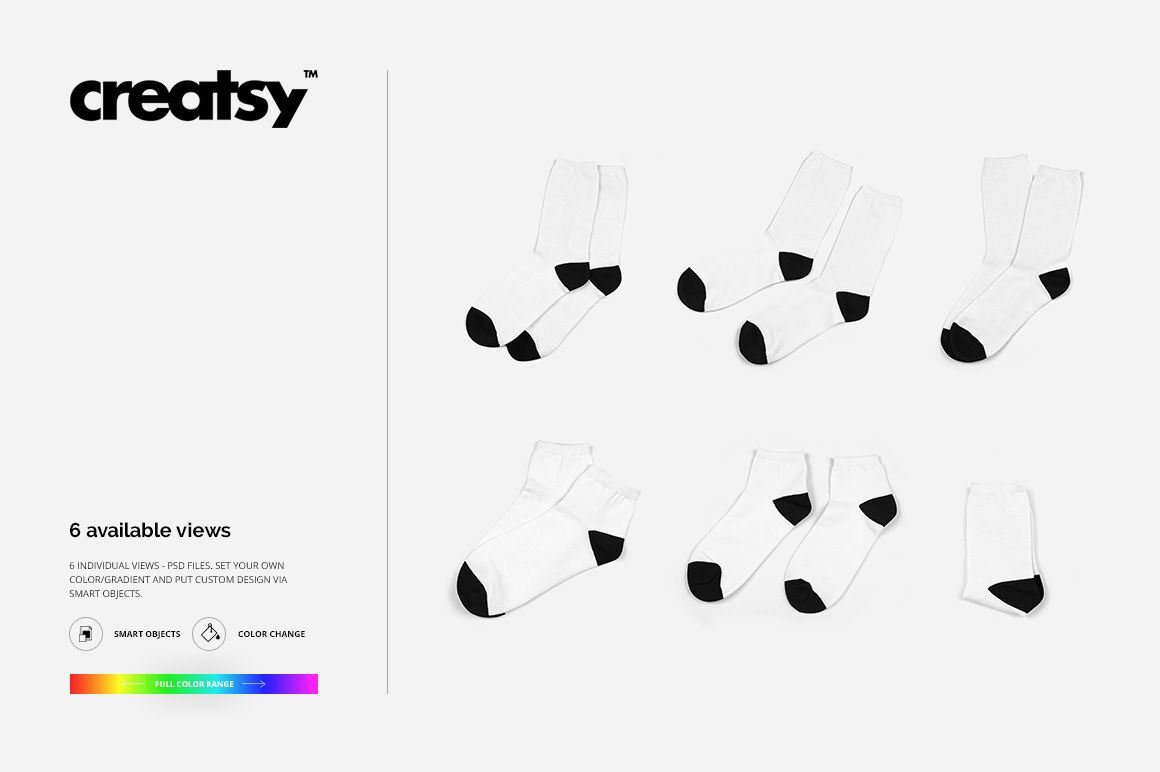 Set of six white socks mockups, each pair shown from various perspectives with black toe and heel accents.