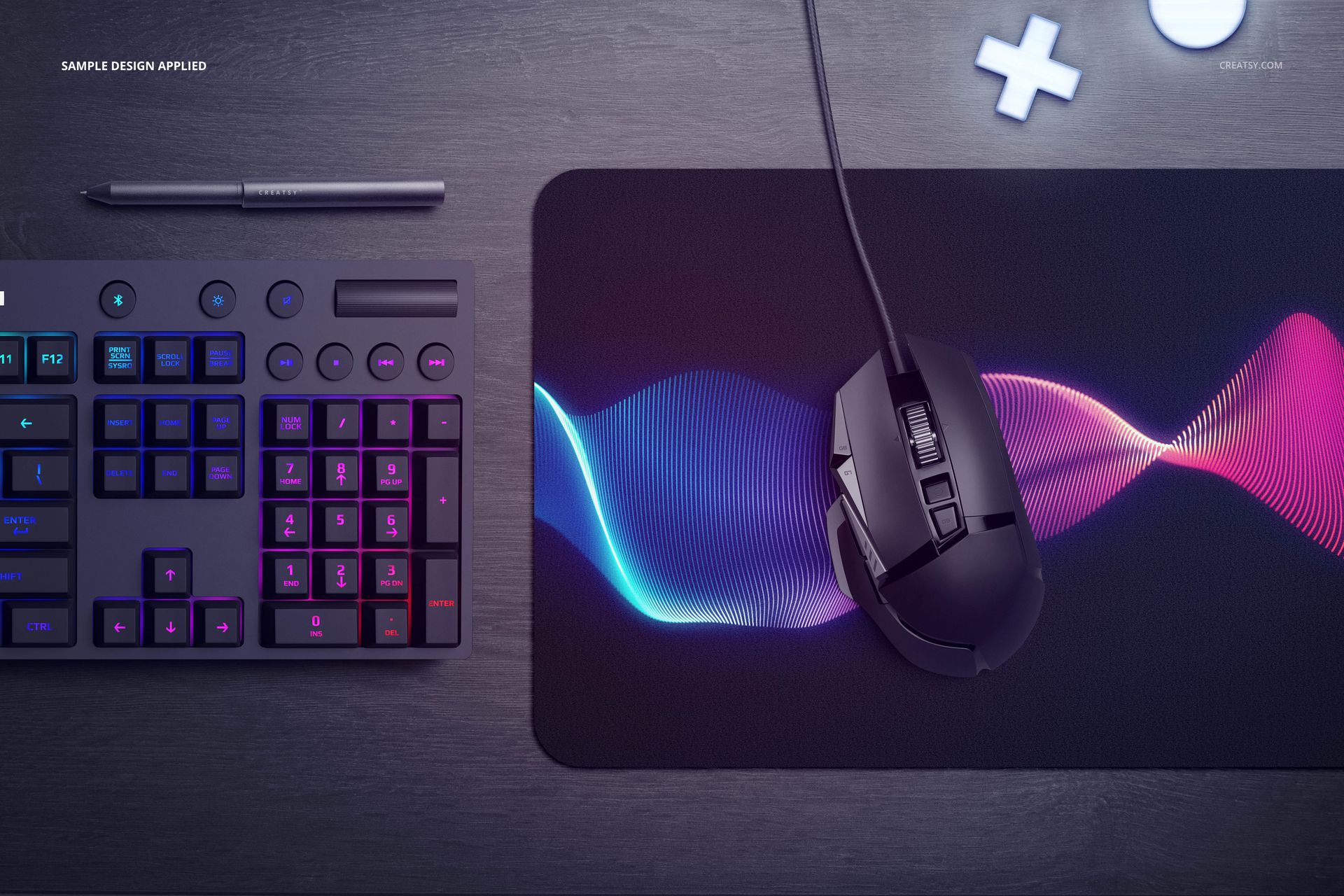 Rectangular mouse pad mockup featuring a black surface with neon wave graphics, accompanied by a gaming mouse and keyboard.
