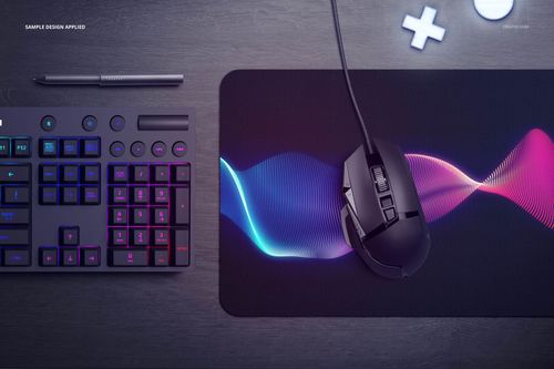 Rectangular mouse pad mockup featuring a black surface with neon wave graphics, accompanied by a gaming mouse and keyboard.