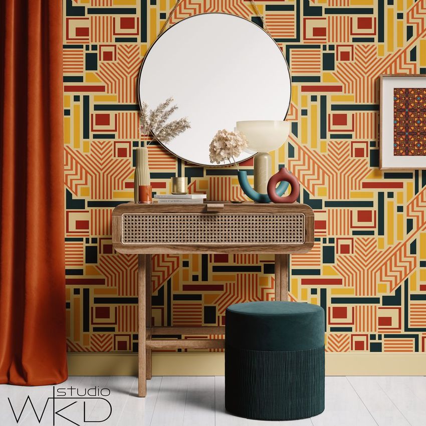 Dressing table mockup featuring a wooden vanity with a round mirror, geometric patterned wallpaper, and decorative props.