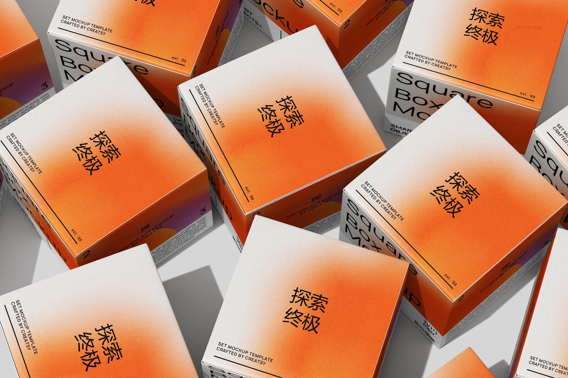 Multiple square box mockups featuring white and orange gradient tops with bold black lettering, viewed from above.