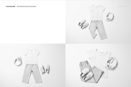 Kids T-shirt and jeans set mockup displayed in three arrangements with shoes and headphones on a white background.
