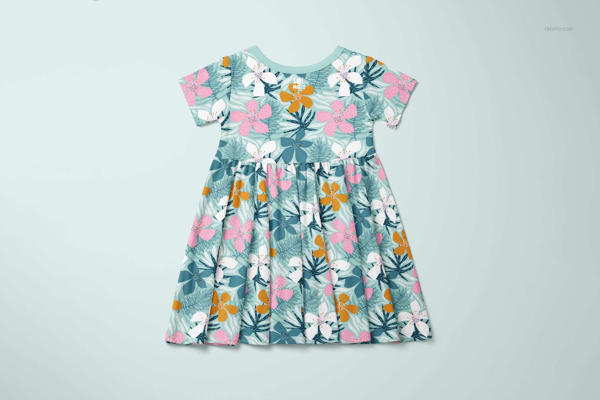 Front view of a toddler skater dress mockup with short sleeves, featuring a floral pattern in pastel colors.