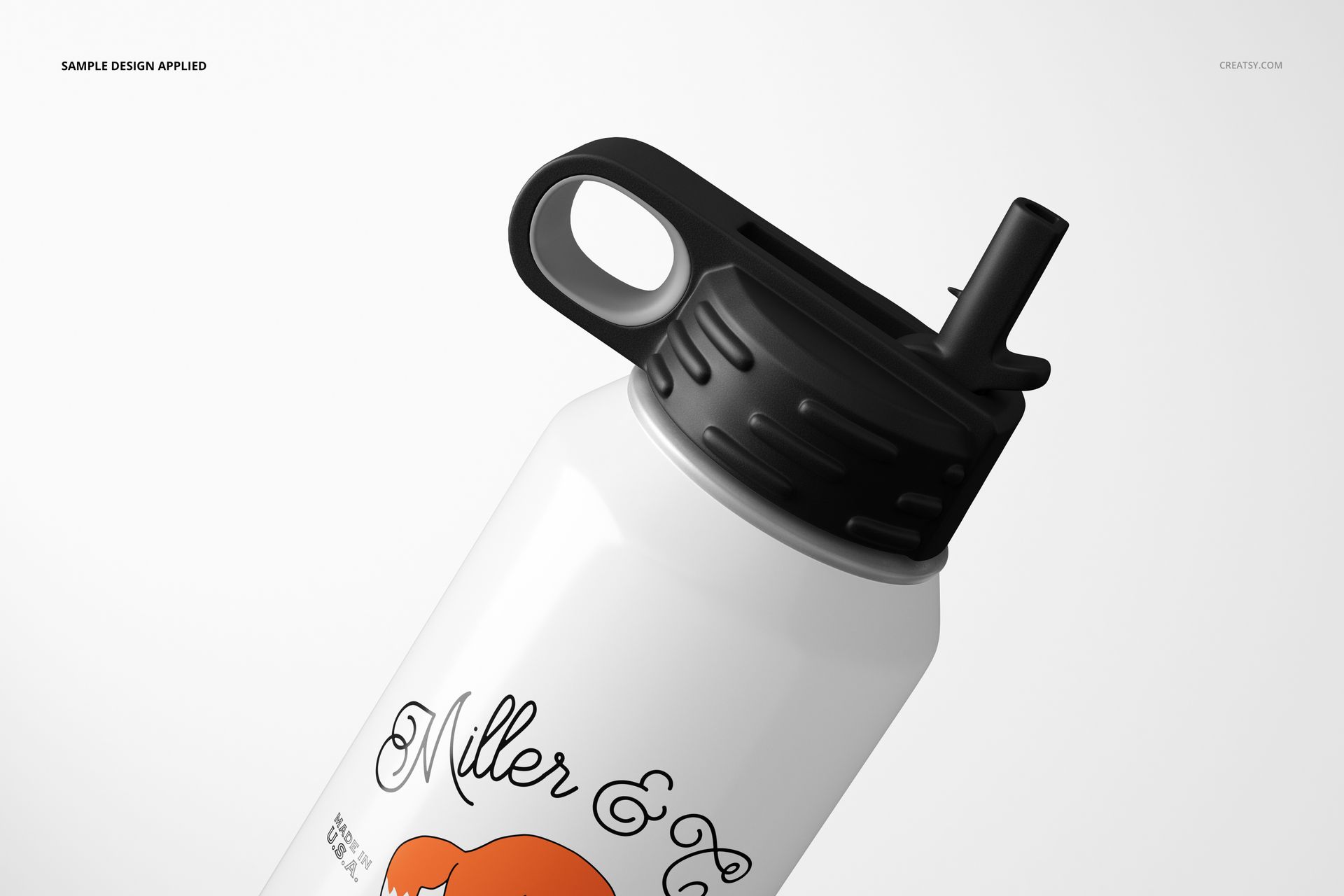 Close-up of a white 30 oz. water bottle mockup with black cap and handle, displaying a partial custom design.
