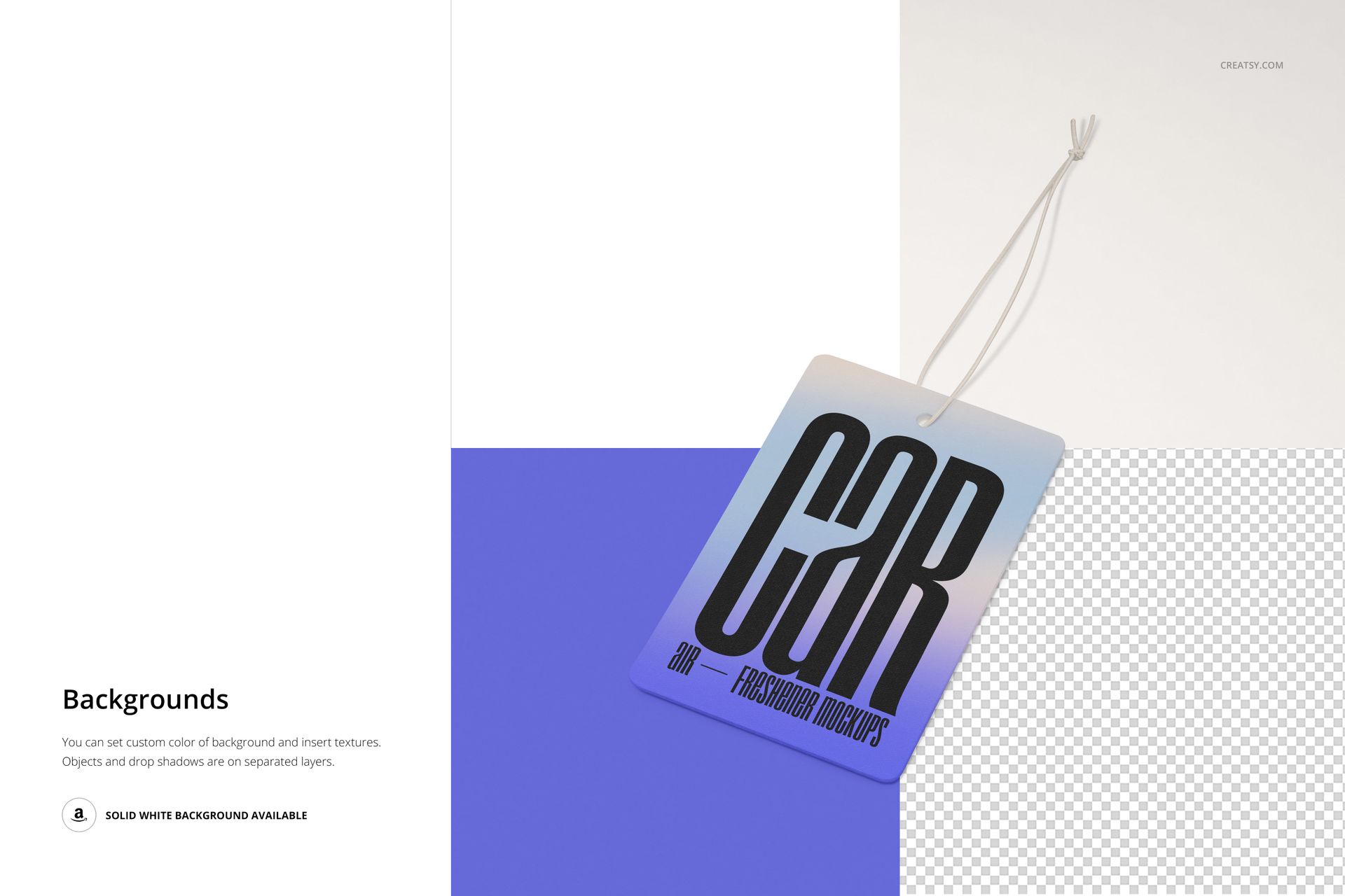 Rectangular car air freshener mockup with gradient colors and bold text, shown from a top angle on a geometric background.
